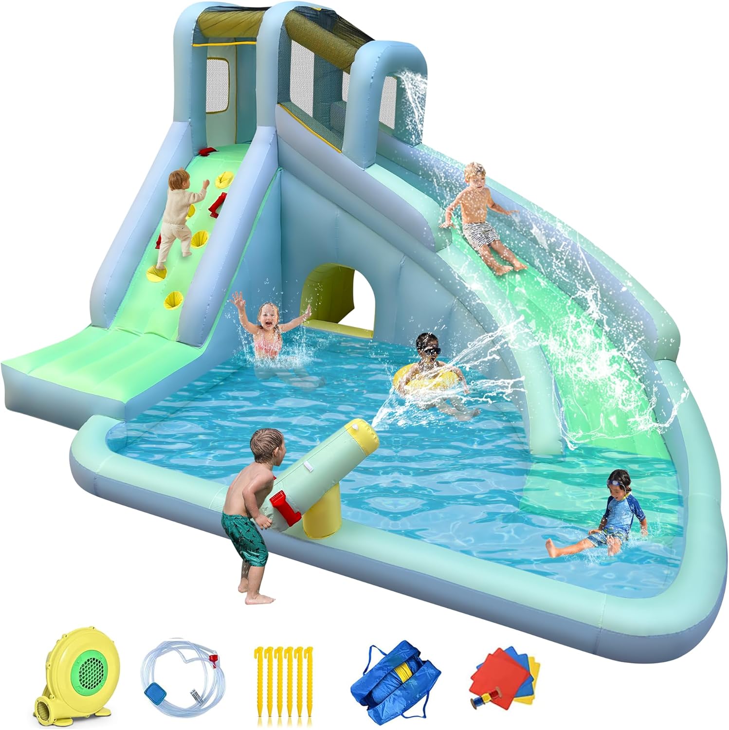 Kids Outdoor House With Slide - Parco Acquatico Gonfiabile 6-in-1 per Bambini,