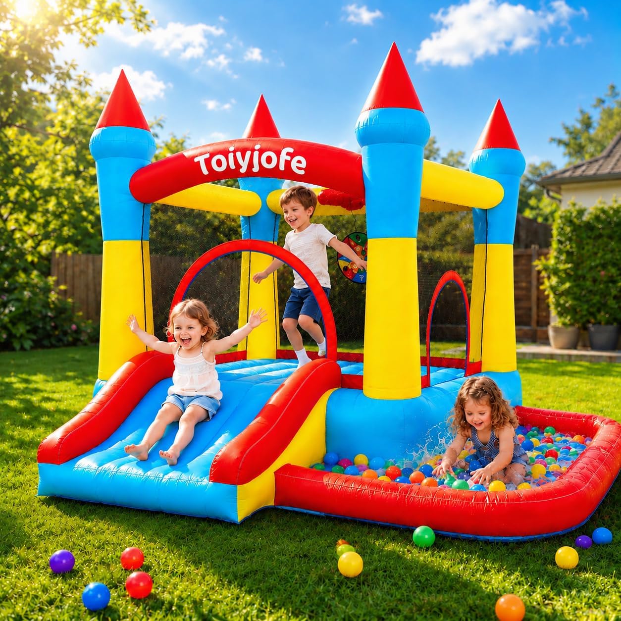 Kids Outdoor House With Slide - Castello Gonfiabile per Bambini 3-6 Anni,