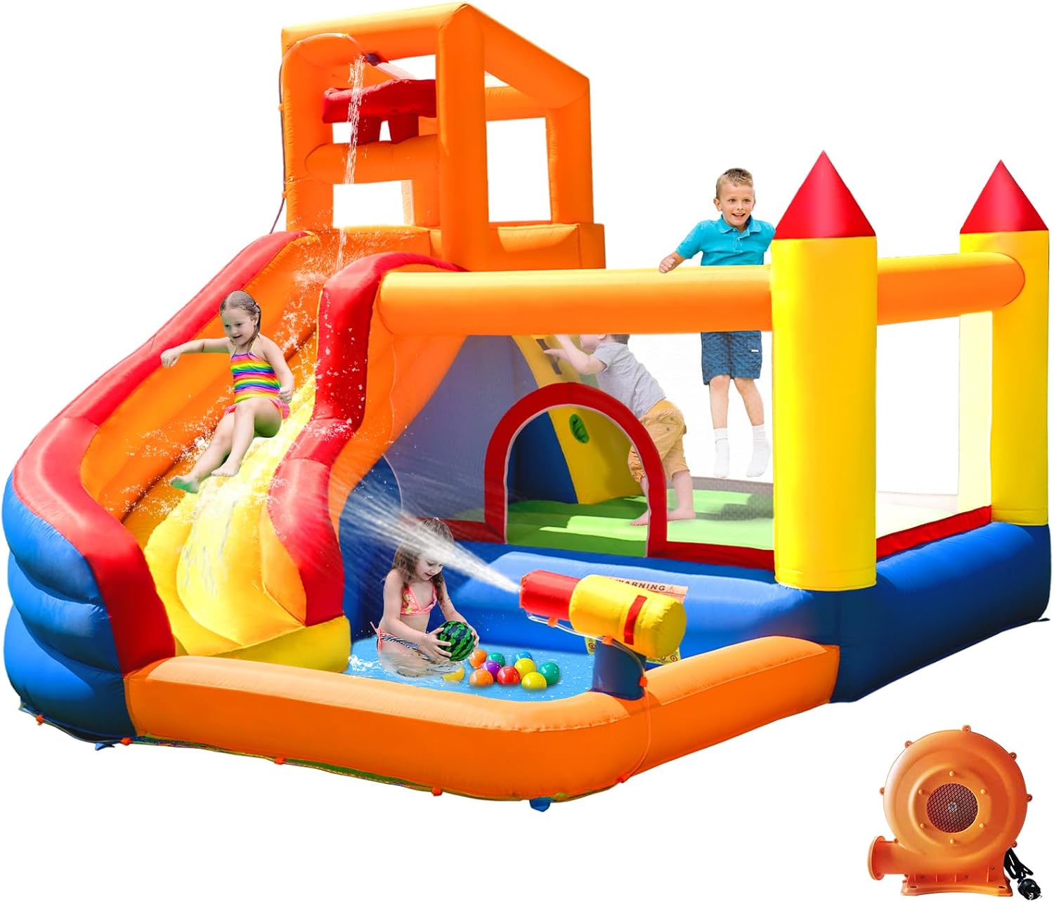 Kids Outdoor House With Slide - HuaKastro Scivolo d'Acqua Gonfiabile con Piscina