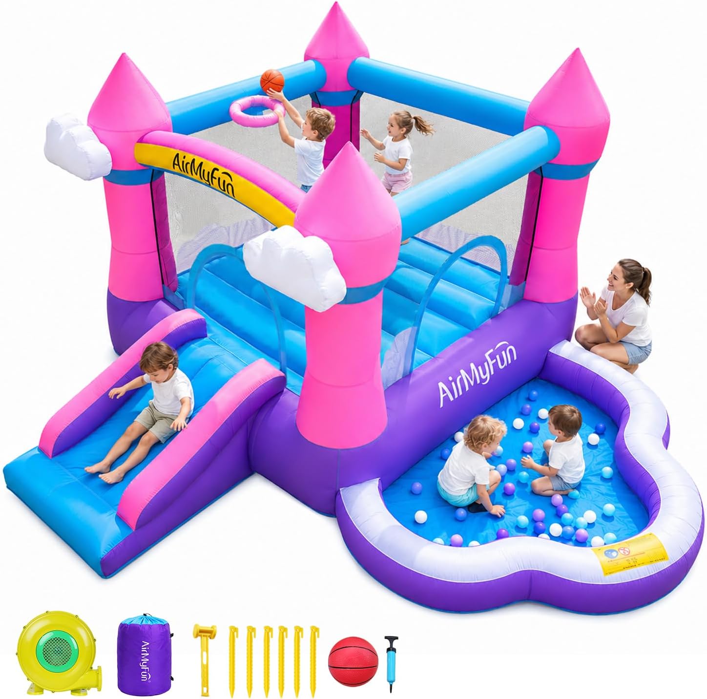 Kids Outdoor House With Slide - Castello Gonfiabile Rosa per Bambini 3-8