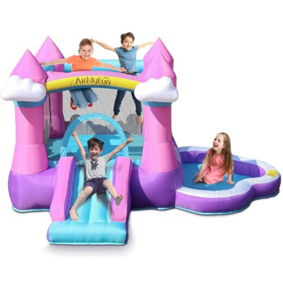 Kids Outdoor House With Slide - Castello gonfiabile rosa per bambini da